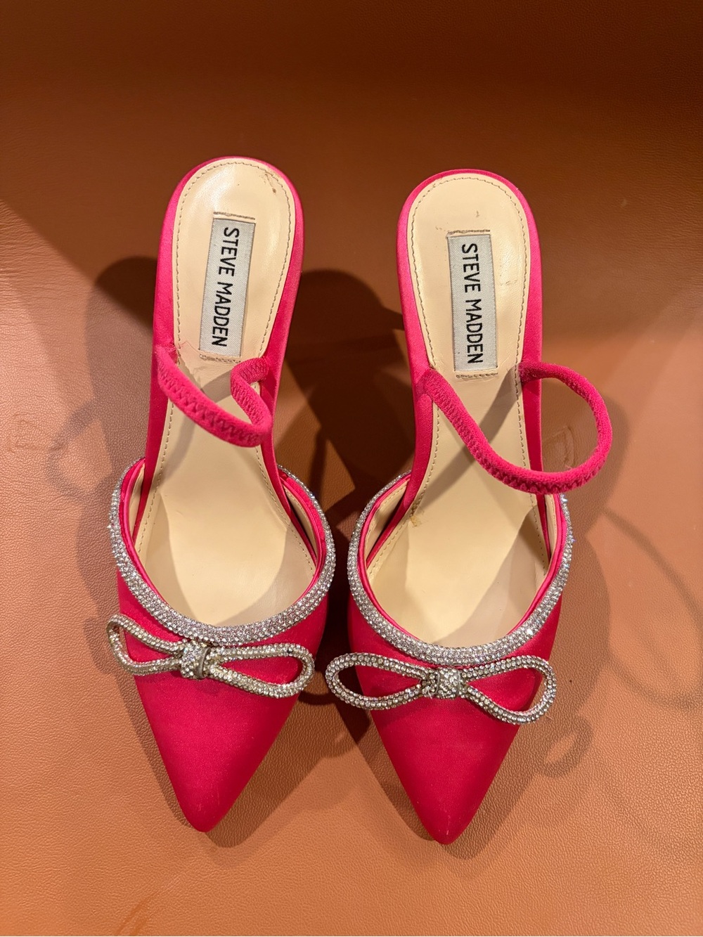 Steve Madden Hot Pink Satin Pointed Toe Mules with Crystal Bow